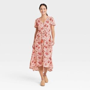 Knox Rose Womens Flutter Short Sleeve Smocked Dress Sz l Coral Floral